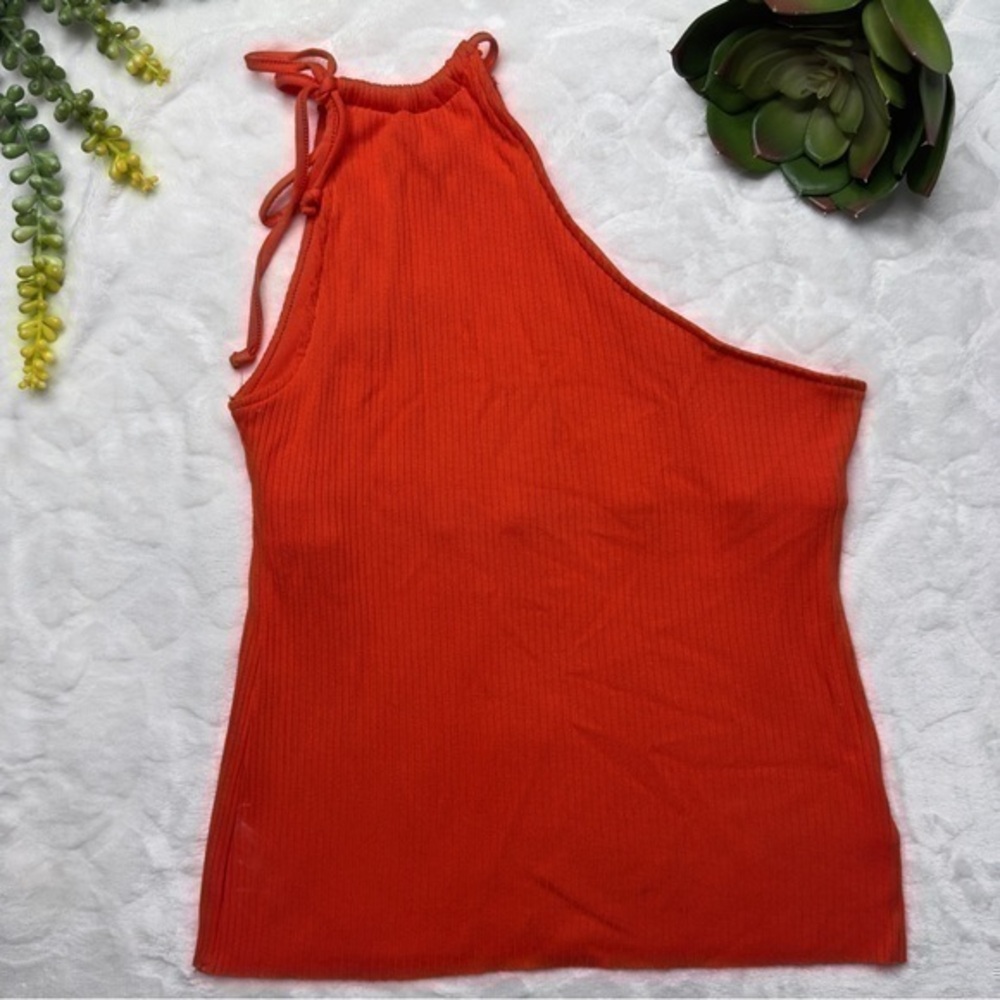The Range Alloy Rib One Shoulder Tank With Built-In Bra in Fuego Red Orange Med